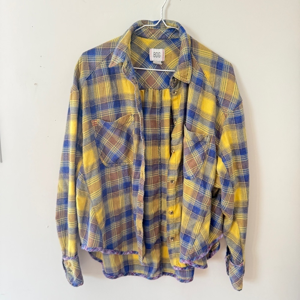 Urban Outfitters BDG Karl Slouchy Flannel Button-Down Shirt Yellow Blue Plaid-M